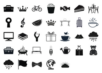 Black and white illustration featuring a diverse collection of icons on a white background