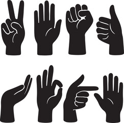 Set of hand gestures vector icons, black silhouettes of human hands and fingers