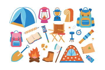 Camping Equipment: A vibrant and captivating flat illustration showcases a colorful array of essential camping equipment, ready for outdoor adventures.
