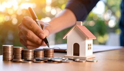 Hands signing papers near a small house and stacks of coins
