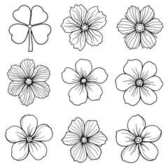 Floral Line Art Vector Set &ndash; Black and White Clover and Five-Petal Flower Designs with Intricate Petal Vein Details