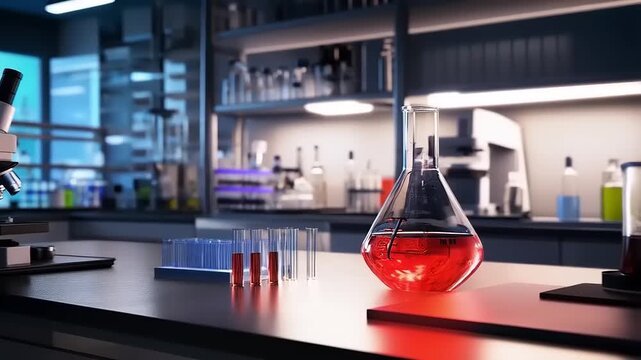 Laboratory workspace with a microscope and red liquid in a conical flask