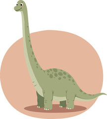Illustration of a friendly, light green Brachiosaurus dinosaur with a long neck, standing against a light pink oval background.
