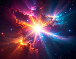 Celestial Bloom: A vibrant nebula with radiating light in a cosmic expanse