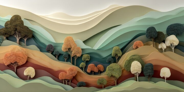 Soft-colored layered paper art depicting rolling hills and abstract trees