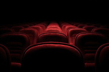 Fototapeta premium Empty red velvet cinema seats in a dark auditorium