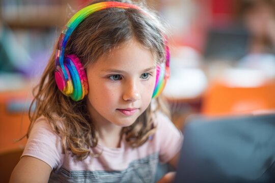 Young girl wearing vibrant headphones focuses intently on her laptop during a tech class in a lively school environment, showcasing her dedication to learning