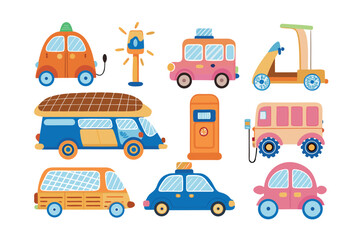 Collection of Illustrated Vehicles: A vibrant collection of illustrated cars, buses, and transport, creating a sense of dynamic movement and excitement. 