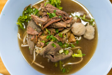 Top view of stewed beef and offal soup