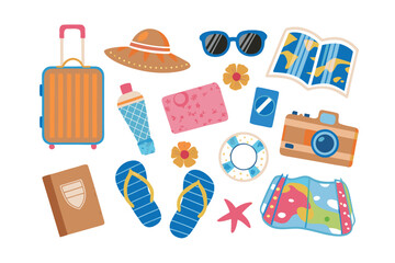 Summer Vacation Essentials: A collection of essential items for a perfect summer getaway, including a suitcase, sunglasses, camera, and more, inviting viewers to dream of adventure.