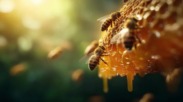Close-up of Honeybees on a Honeycomb with Dripping Honey in a Warm, Sunny Environment
