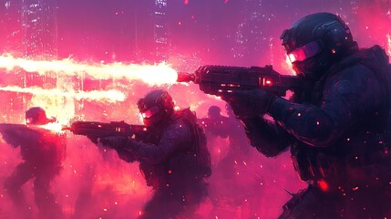 Futuristic Soldiers in Combat with Laser Weapons Cityscape Digital Artwork