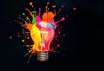A vibrant light bulb bursts with colorful paint splashes, symbolizing creative problem-solving,  mental image,  splash