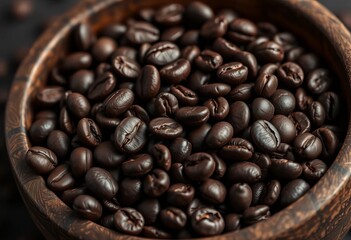 Obraz premium Dark roasted coffee beans close-up in rustic bowl, black background, brown, morning
