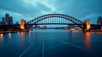 Obraz premium The Sydney Harbour Bridge at dusk, with city lights twinkling, reflecting on the water, under a cloudy sky.