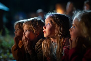 A group of children is mesmerized by a puppet show taking place outdoors at night. Their faces are illuminated with joy and fascination, highlighting the magic of the performance