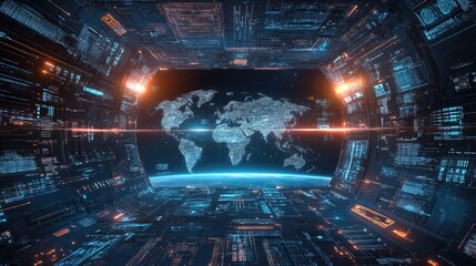 Futuristic Scifi World Map with Data Stream Abstract Technological Background
