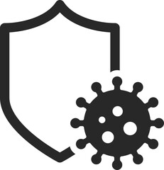Shield blocking virus to represent protection, health defense, and infection prevention.