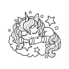 Cute little unicorn sleeping on a cloud. Black and white linear drawing. Isolated on white background. For coloring book design, prints, posters, cards, stickers, etc. Vector illustration
