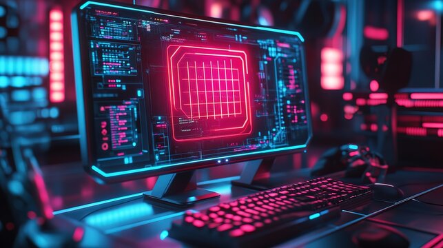 Futuristic Cyberpunk Style Computer Setup with Neon Lighting Displayed on Screen