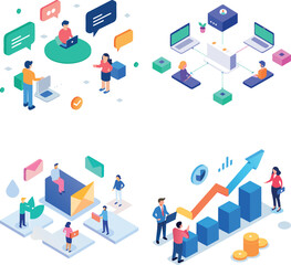 Business people characters learning, meeting, teamworking in office rooms. Trendy isometry template for background, infographic template. Isometric line vector illustration.