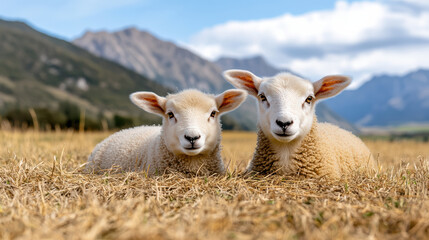 Obraz premium Fluffy lambs resting in golden meadow with mountains in background, exuding tranquility