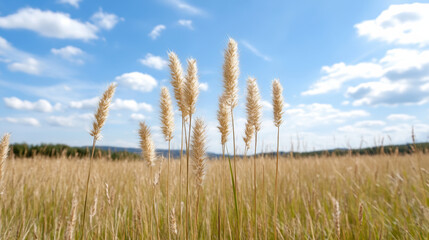 Fototapeta premium Golden meadow with tall grass swaying gently under bright blue sky filled with fluffy clouds
