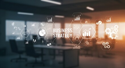 Business strategy overlay with charts and graphs in a modern office setting, suggesting planning and growth.