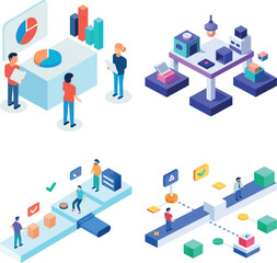 Business people characters learning, meeting, teamworking in office rooms. Trendy isometry template for background, banner, infographic template. Isometric line set vector illustration.
