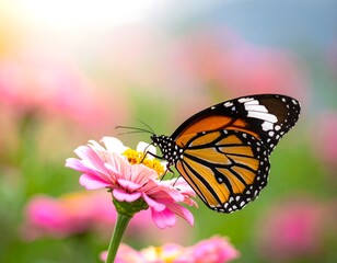Naklejka premium Captivating monarch butterfly gracefully perched on a vibrant pink flower bloom