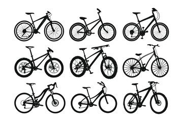 Obraz premium Assortment of Bicycle Silhouette: A collection of various bicycle silhouettes showcases different styles, ideal for representing travel, fitness, and eco-friendly transportation.