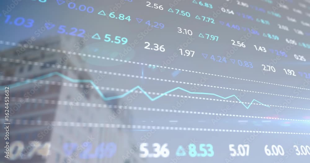 Poster semi-transparent ticker overlay loading and updating numeric values and moving chart showing trends