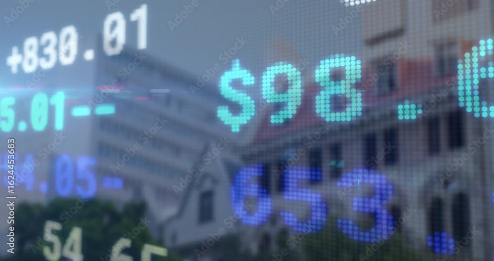Poster on screen load transparent ticker rising over tower scrolling currency values showing market shifts