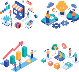 Business people characters learning, meeting, teamworking in office rooms. Trendy isometry template for background, banner, infographic template. Isometric line set vector illustration.
