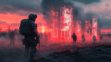 Futuristic Grim Dark Soldier Squad on a Battlefield Landscape