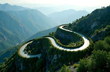 A breathtaking winding road hugs the mountainside, surrounded by vibrant greenery. The sun rises, casting a golden glow over the serene landscape, highlighting the natural beauty