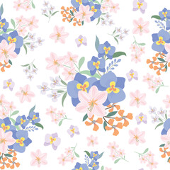 coquette seamless pink and blue flowers pattern. Delicate petals and vibrant blossoms create an artistic and vintage botanical illustration. pastel flower seamless pattern
