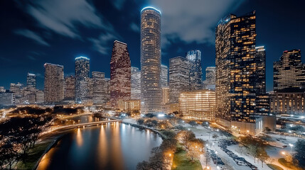 Naklejka premium City skyline illuminated at night with skyscrapers reflecting on water
