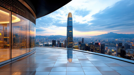 Fototapeta premium Stunning skyline view showcases modern skyscraper reflecting in glass surface at twilight
