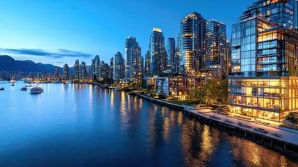 Fototapeta premium Vibrant skyline reflecting water during blue hour, showcasing modern architecture and city lights