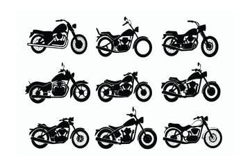 Motorcycle Collection: A collection of motorcycle silhouettes, offering a variety of styles and designs, perfect for any project related to transportation and motorcycling culture.
