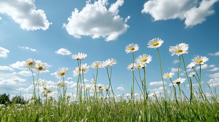 Bright daisies sway gently under blue sky filled with fluffy clouds, creating serene atmosphere