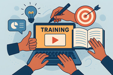 Online Learning and Skill Development: A visual representation of online learning and skill development, with various hands interacting with a laptop displaying the word TRAINING.