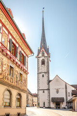 View at the Church of Saint Georg in the streets of Stein am Rhein in Switzerland