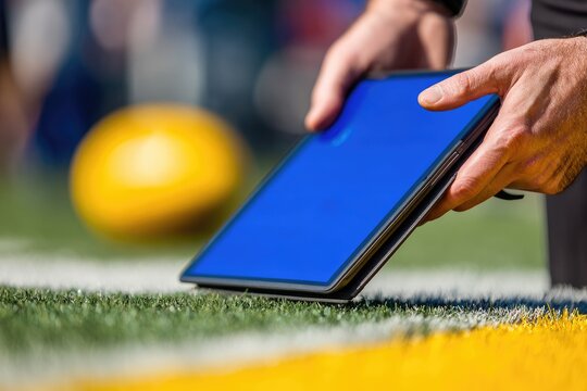 Coach holding tablet on field