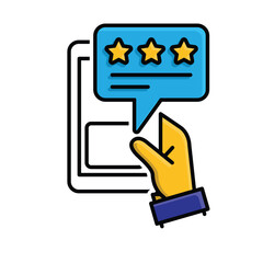 Review icon. E-commerce. Message bubble with stars coming out of a phone in hand. market, sale, buy. mixed design style.