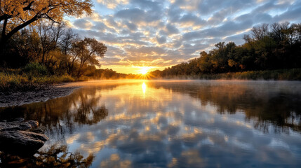 Fototapeta premium Golden sunrise reflecting on calm river with soft fog and vibrant clouds