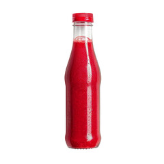 Red smoothie in a clear glass bottle with a red cap