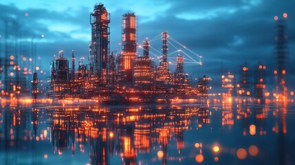 Fototapeta premium Futuristic Industrial Cityscape with Intricate Details and Reflections on Water