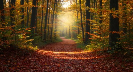 Pathway through an enchanting autumn forest with the ground covered in red leaves and sunlight filtering through the trees.